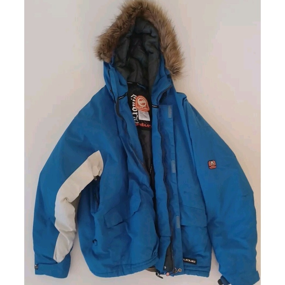 Liquid Venture Blue Womens Large Snowboard Ski Coat snow Hooded Fur winter~